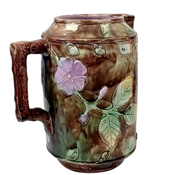 Antique French 19th Cent French Barbotine Majolica Pottery Water Pitcher Vintage - Picture 7 of 13